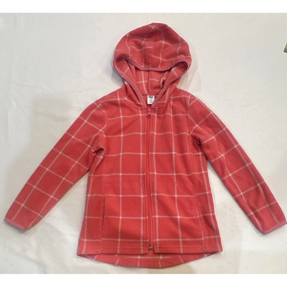 Old Navy Girls XS 5 Pink White Plaid Fleece Full Zip Hoodie Pockets 064